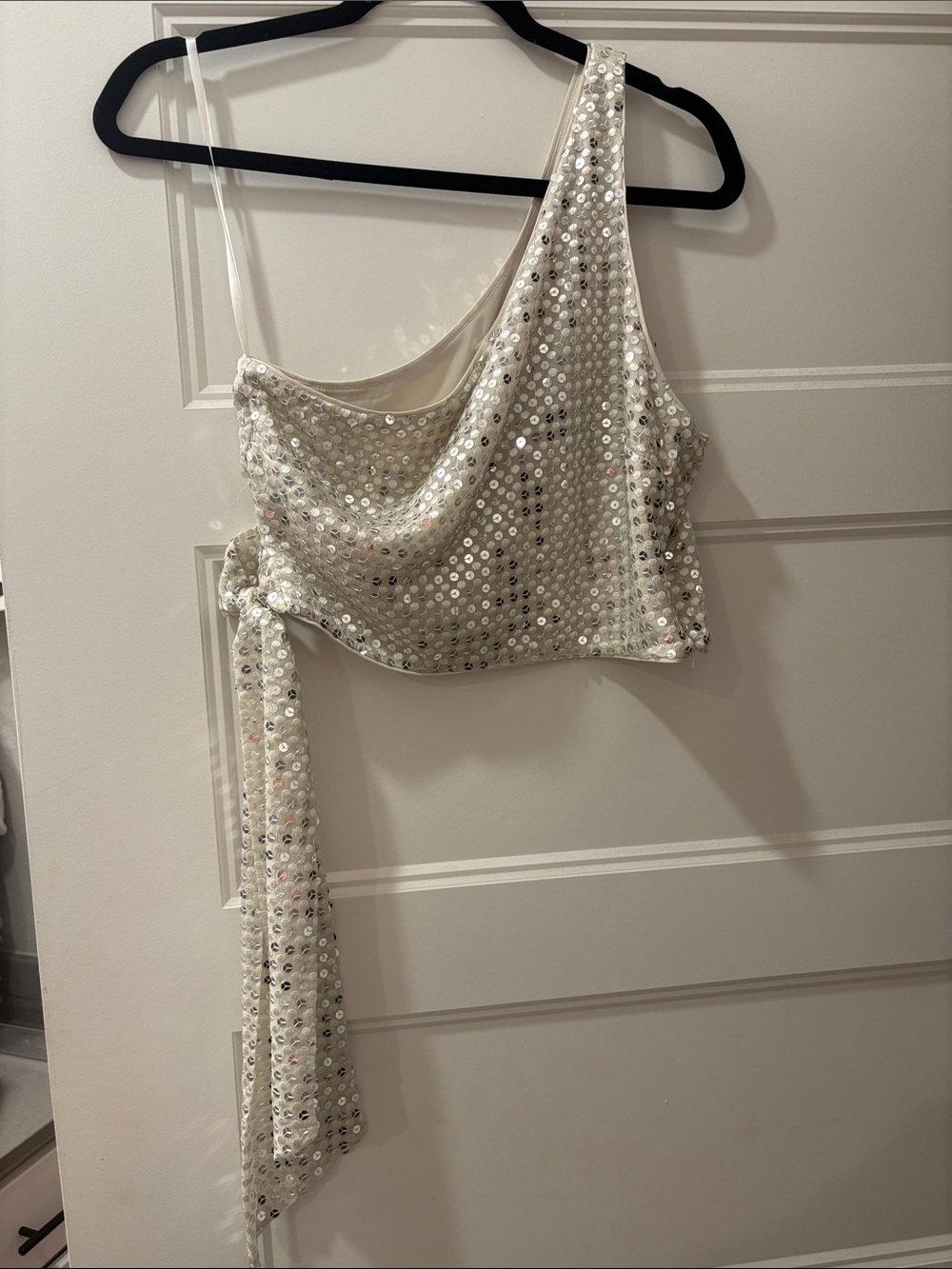 Lovers + Friends White Sequin One-Shoulder Crop Top